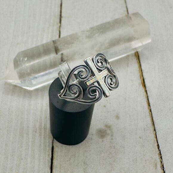 Lab Opal Cross Sterling Silver Ring - Picture 6 of 7